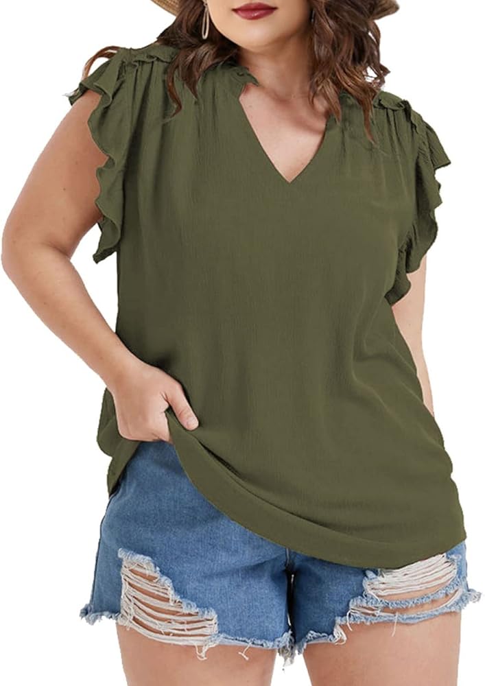 Plus Size Tops for Women V Neck Ruffle Sleeve Blouse Solid Color Tunic Casual Shirts Summer