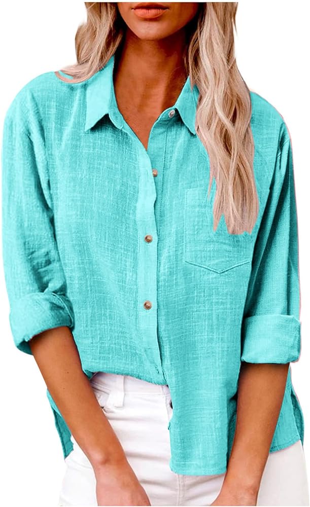 Long Sleeve Button Down Shirts for Women Plus Size Cotton Linen Business Casual Tops Fall Fashion Blouses 2023