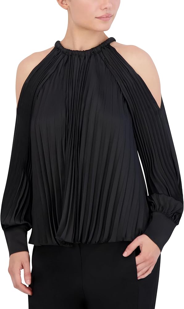 BCBGMAXAZRIA Women's Cold Shoulder Long Sleeve Crew Neck Pleated Satin Blouse