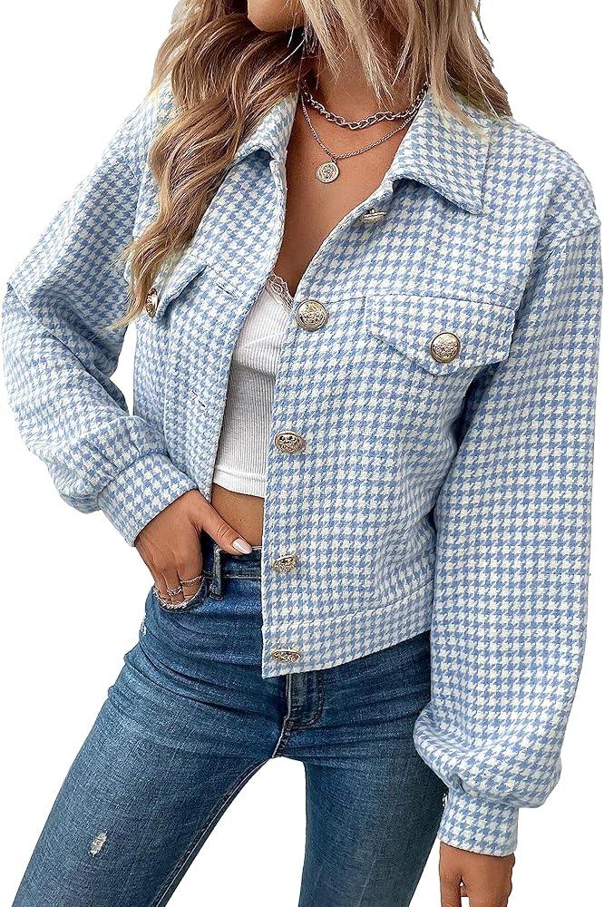 Women's Grid Plaid Cropped Shacket Casual Wool Blend Button Down Shirt Jackets Fall Tops