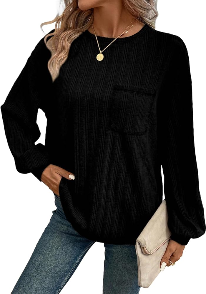 Dokotoo Long Sleeve Shirts for Women 2024 Casual Solid Crewneck Knitted Loose Fit Pullover Shirts Tops