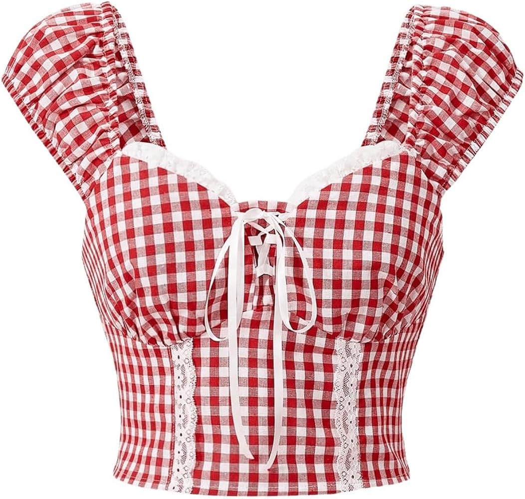 Floerns Women's Gingham Print Puff Cap Sleeve Sweetheart Neck Blouse Crop Top