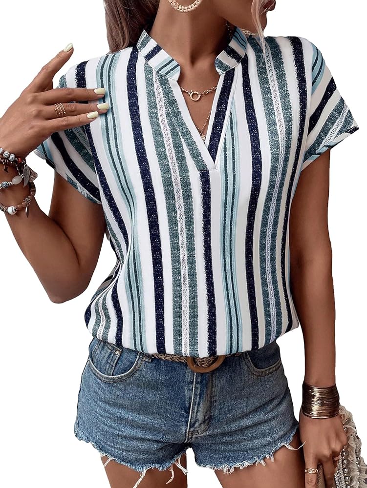 SOLY HUX Women's Striped Notched Neck Short Sleeve Summer Blouse Tops