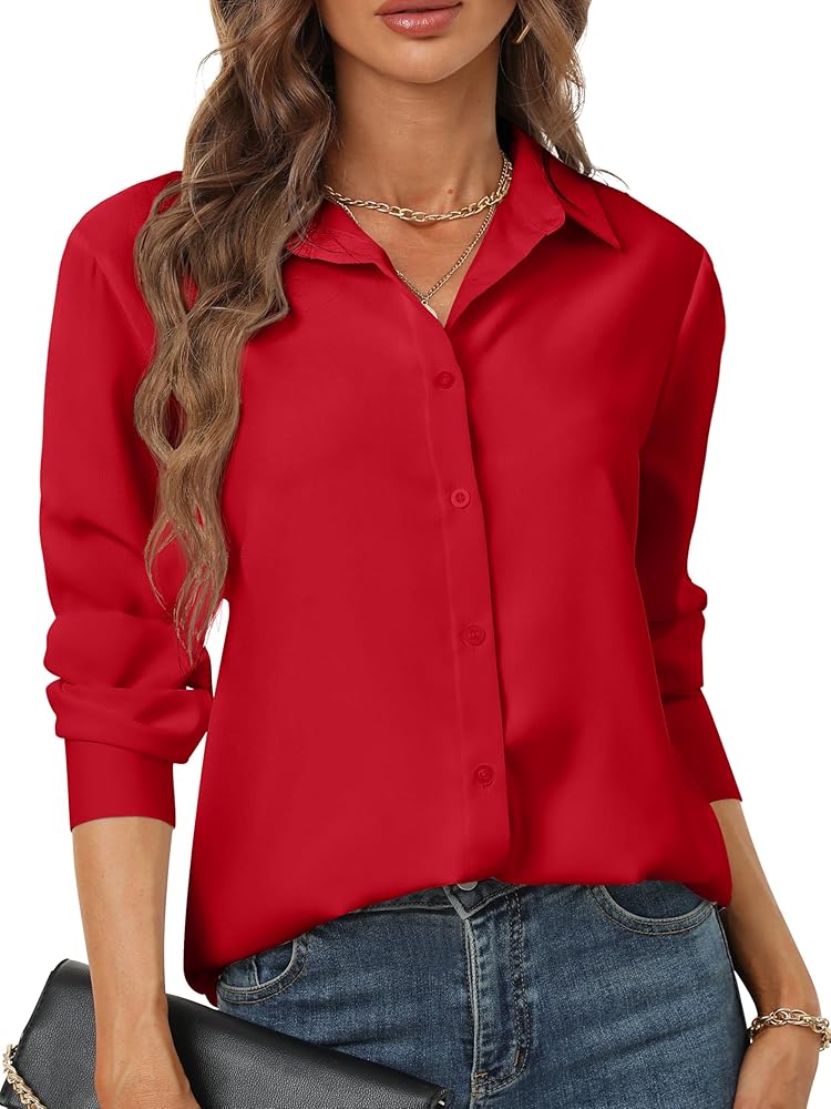 Women's Button Down Shirts Basic Classic Soft Shirt Collared Long Sleeve Dressy Casual Solid Color XS-XXL