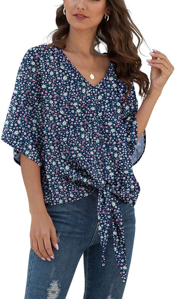 VIISHOW Womens Tie Front Chiffon Blouses V Neck Batwing Short Sleeve Summer Tops Shirts