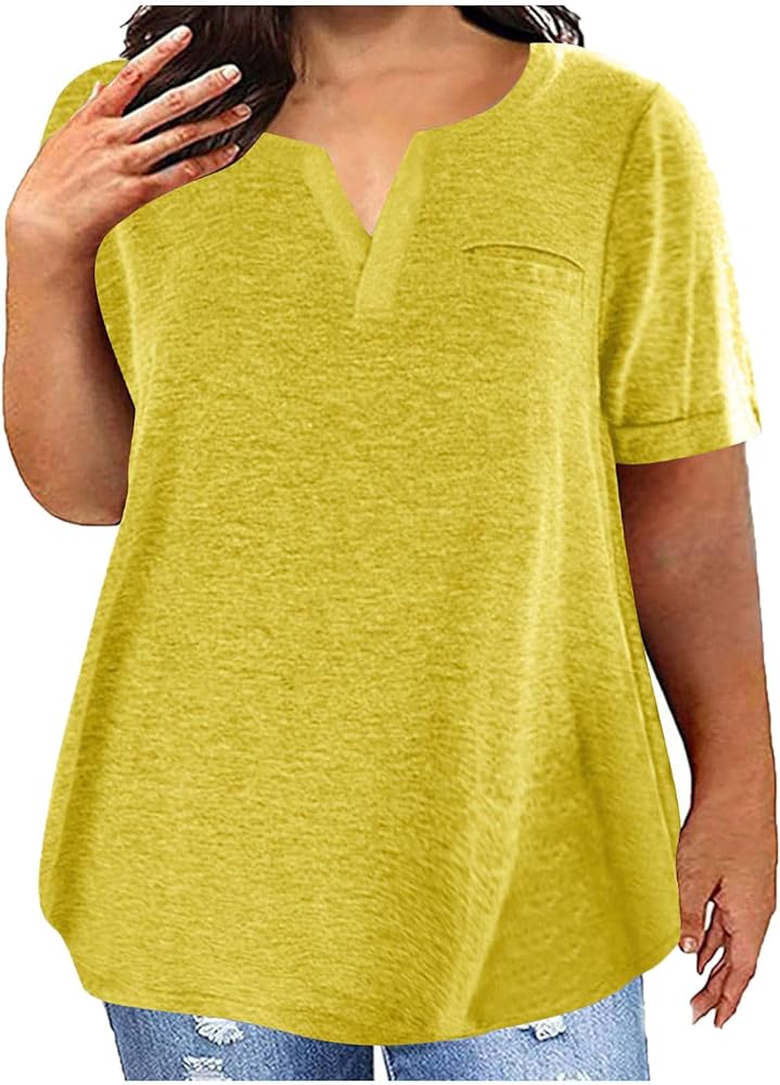 Women's Plus Size Tops Loose V-Neck Short Sleeve Blouse Solid Casual Loose Summer Shirt T-shirts Basic Tunics