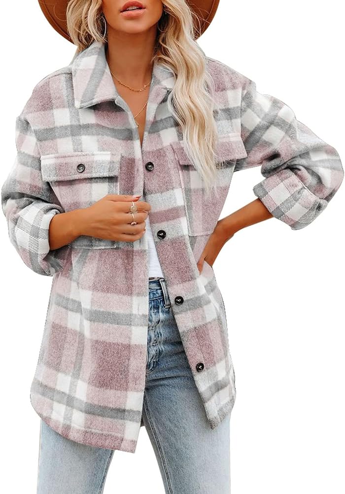 Dokotoo Womens Casual Plaid Button Down Long Sleeve Shirts Flannel Shacket Jacket Coats