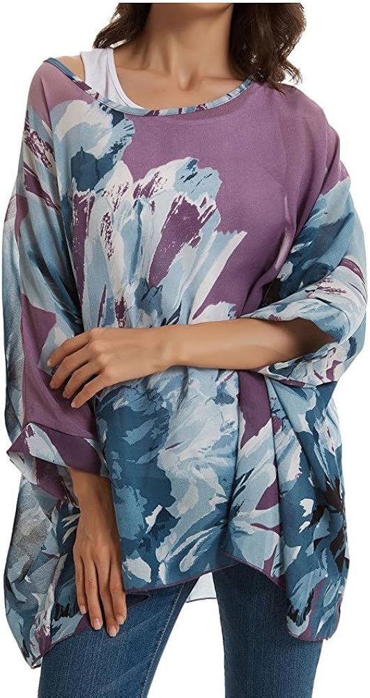 Women Chiffon Blouse Floral Batwing Sleeve Beach Cover Loose Tunic Shirt Tops