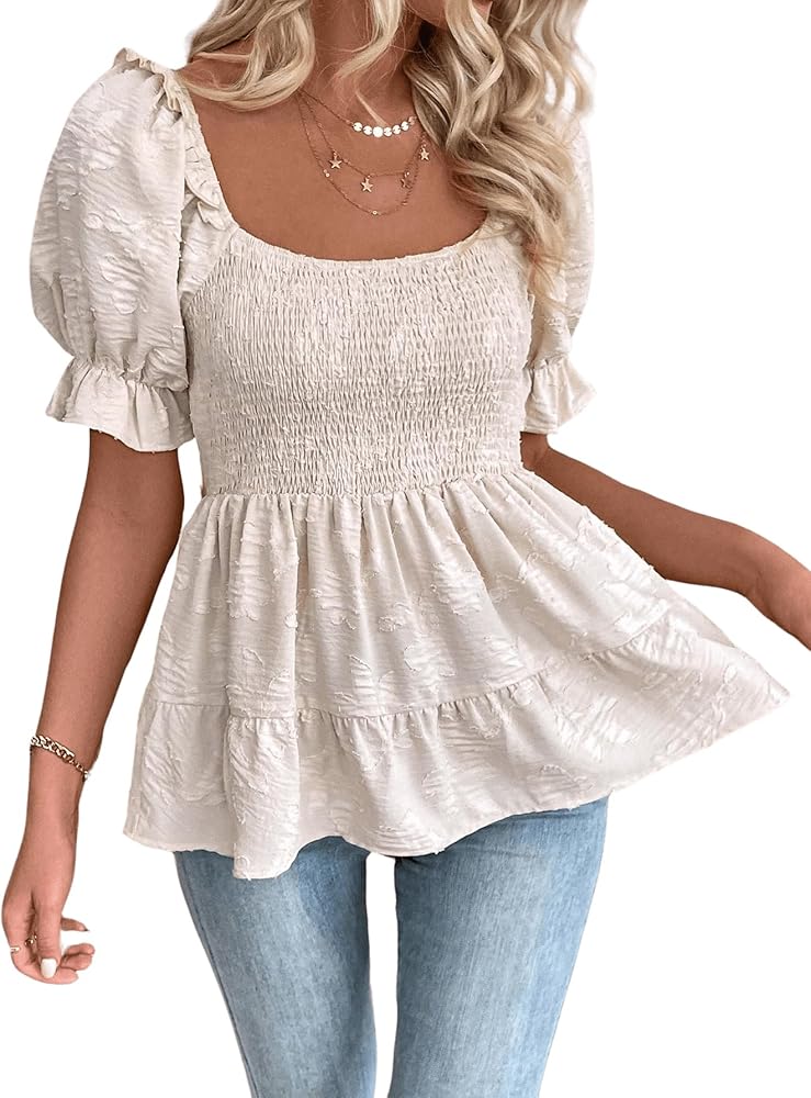 SOLY HUX Women's Blouse Square Neck Puff Short Sleeve Shirred Ruffle Hem Peplum Tops