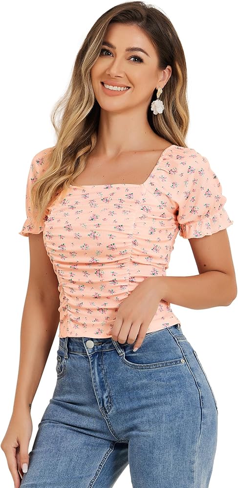 Allegra K Smocked Crop Top for Women's Slim Fit Peasant Floral Blouse