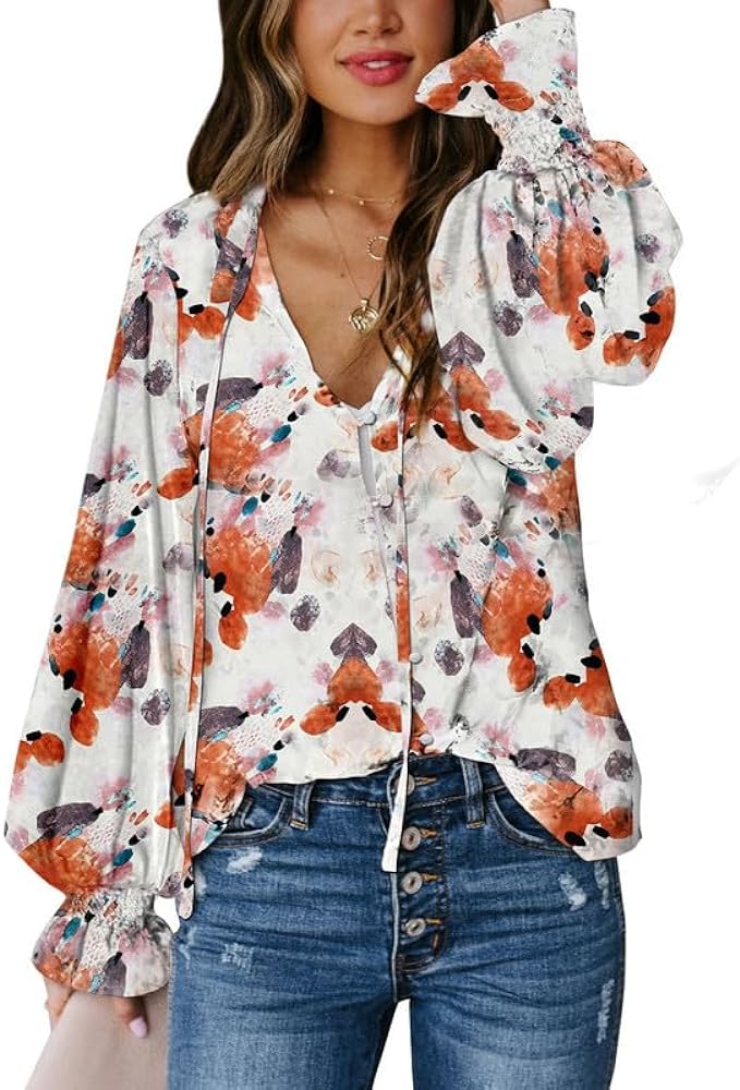 Biucly Women's Casual Boho Floral Print V Neck Long Sleeve Drawstring Tops Loose Blouses Button Down Shirts