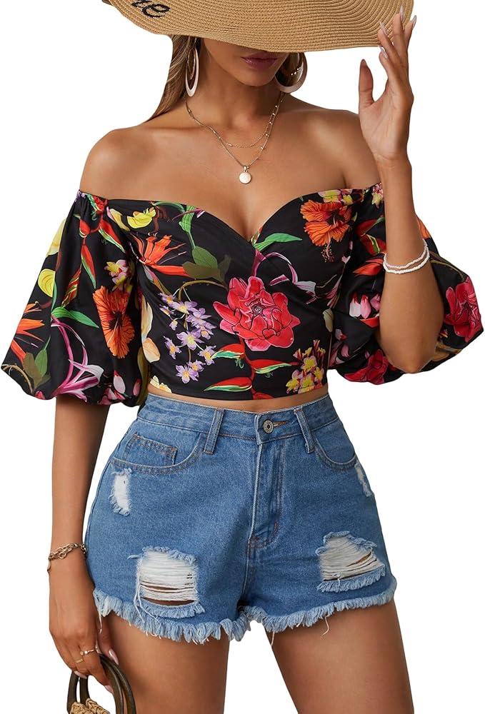 SOLY HUX Women's Floral Print Blouse Off Shoulder Bishop Half Sleeve Wrap Crop Tops