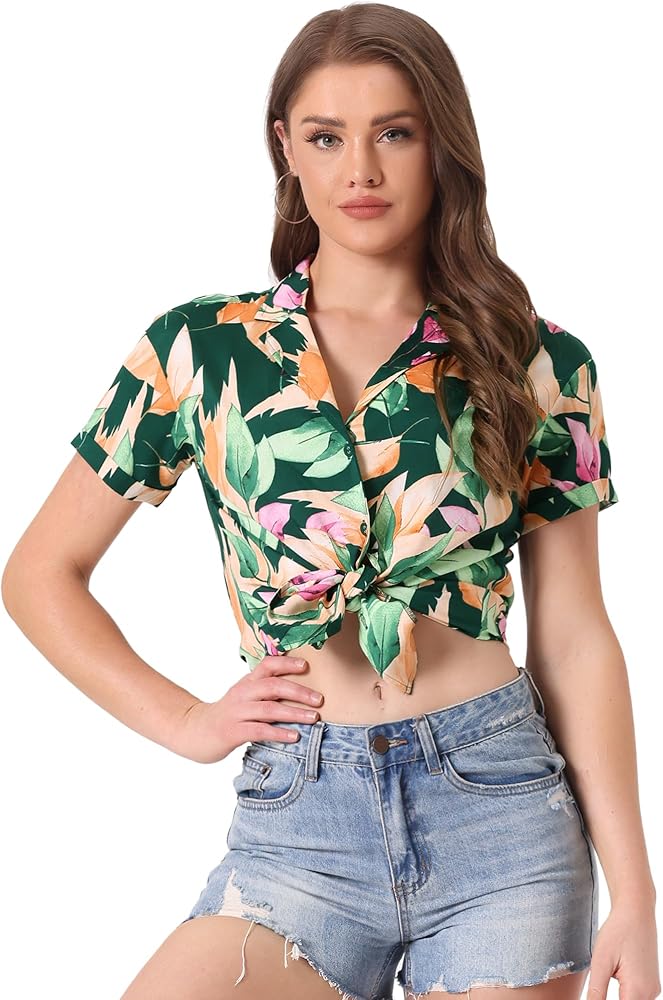 Allegra K Women's Hawaiian Shirt Floral Leaves Printed Short Sleeve Top Tropical Button Down Shirt Summer Fashion 2024