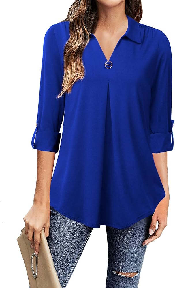 VALOLIA Womens Roll Up 3/4 Sleeve Shirts Collared V Neck Business Casual Tops Loose Work Blouses