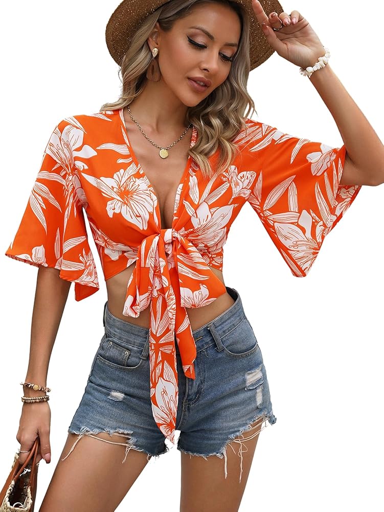 Verdusa Women's Tie Front Flare Half Sleeve Tropical Crop Top Boho Blouses