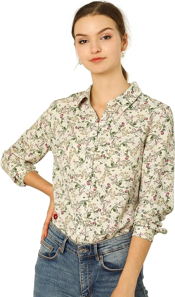 Allegra K Women's Button Down Shirt Long Sleeve Point Collar Floral Blouse