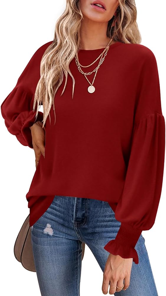 MIHOLL Womens Long Sleeve Tops Crew Neck Ruffle Lantern Sleeve Casual Loose Blouse T Shirts