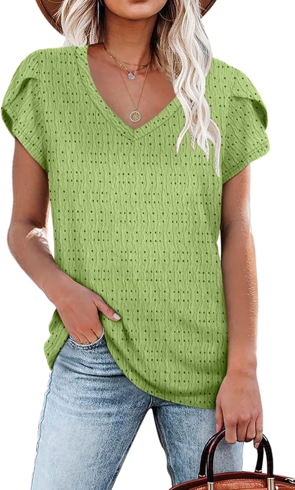 WIHOLL Women's T-Shirt V Neck Summer Eyelet Petal Sleeve Dressy Casual Tops