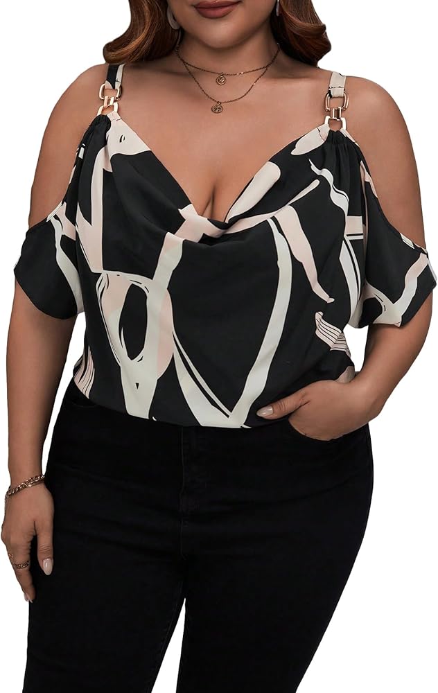 Floerns Women's Plus Size Graphic Pirnt Cold Shoulder Draped Collar Blouse Top