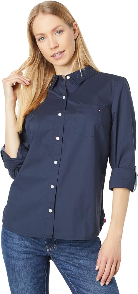 Tommy Hilfiger Women's Solid Button Collared Shirt With Adjustable Sleeves