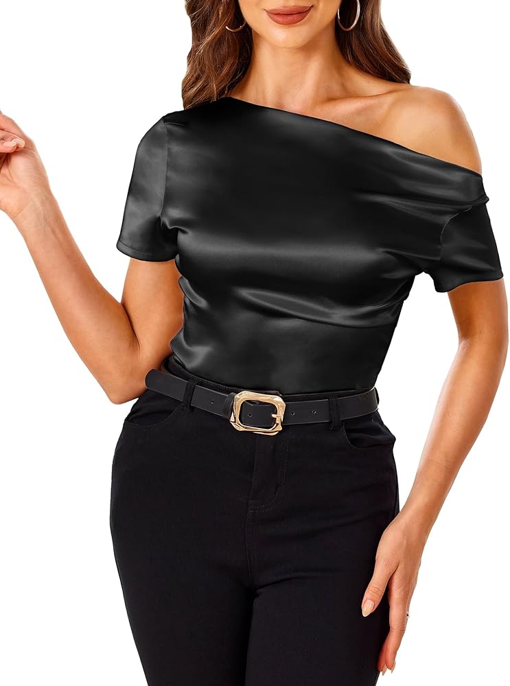 VIDUSSA Off Shoulder Tops for Women - Silk Satin Blouse Dressy Casual Short Sleeve Ruched Asymmetrical Summer Shirts