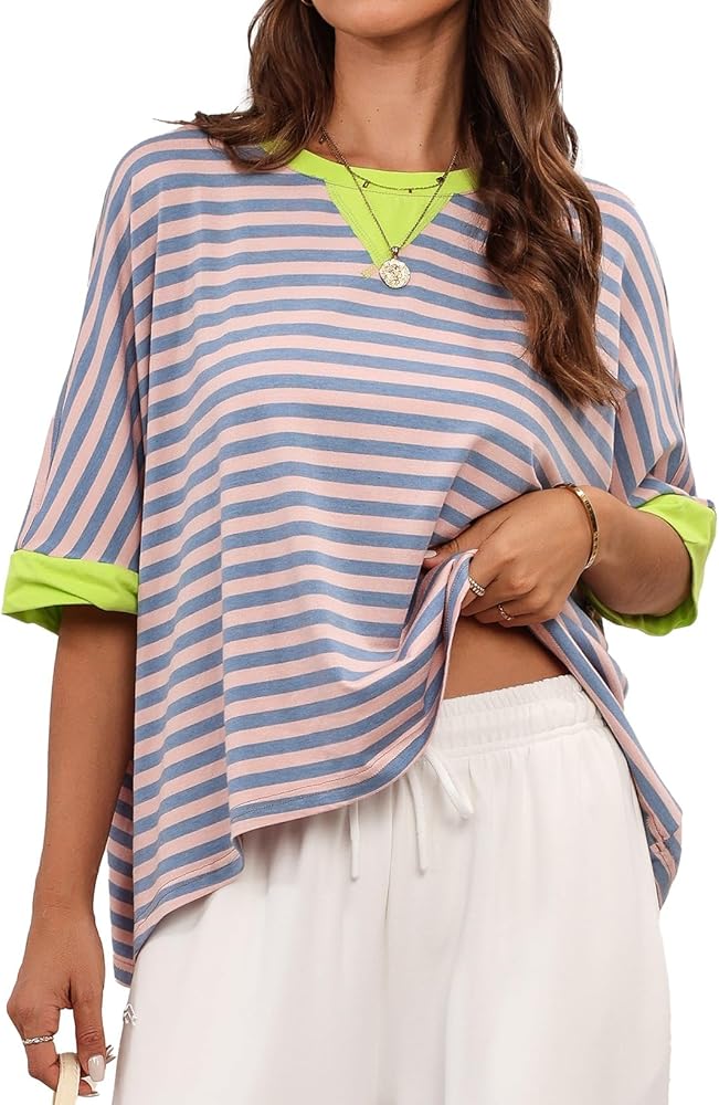 Dokotoo Oversized Tshirts for Women Striped Summer 2024 Women's Fashion Loose Basic Tee