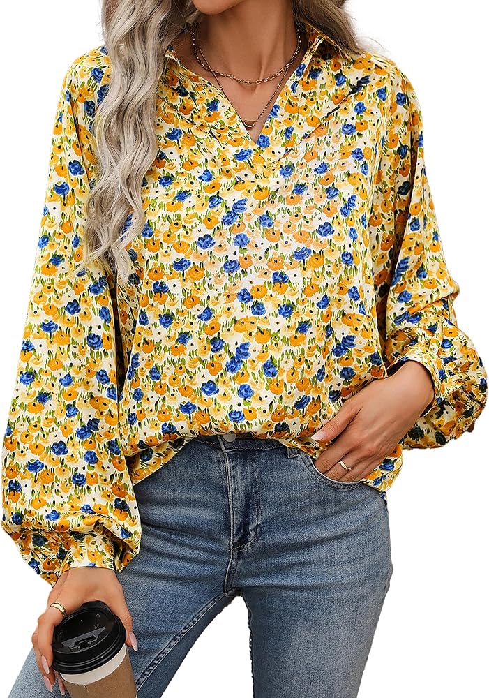 BTFBM Women's Casual Boho Blouse Tops Abstract Print Lapel V Neck Lantern Long Sleeve Summer Spring Loose Blouses Shirts