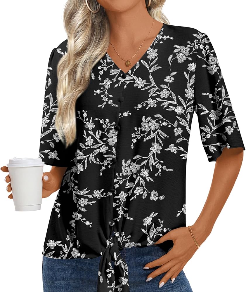 Womens 2024 Summer Tops V-Neck Casual Button Down Shirts Short Sleeve Trendy Blouses