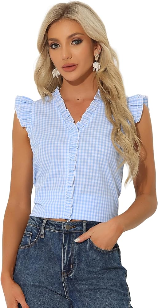 Allegra K Ruffle Shirt for Women's 50s V Neck Cap Sleeve Plaid Gingham Blouse