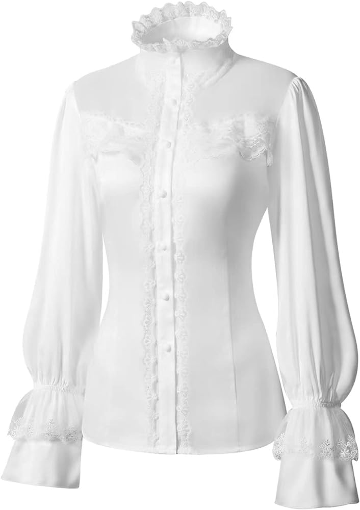 Women's Retro Victorian Lotus Lace Stand Collar Long Sleeve Shirts