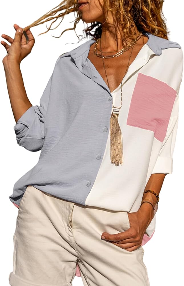 Astylish Women Casual V Neck Button Down Silk Shirt Long Sleeve Color Block Blouse Tunic Tops