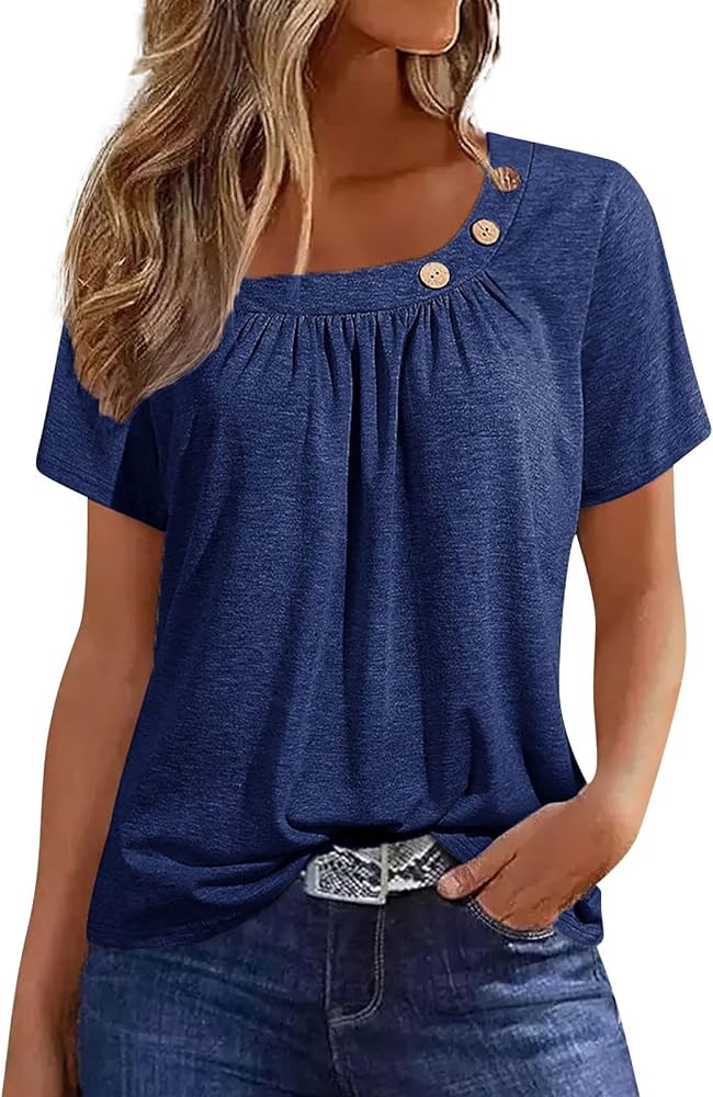 Summer Tops for Women 2024 Trendy Short Sleeve Button Crewneck V Neck Shirts Cute Going Out Tops Dressy Casual Blouses Tees