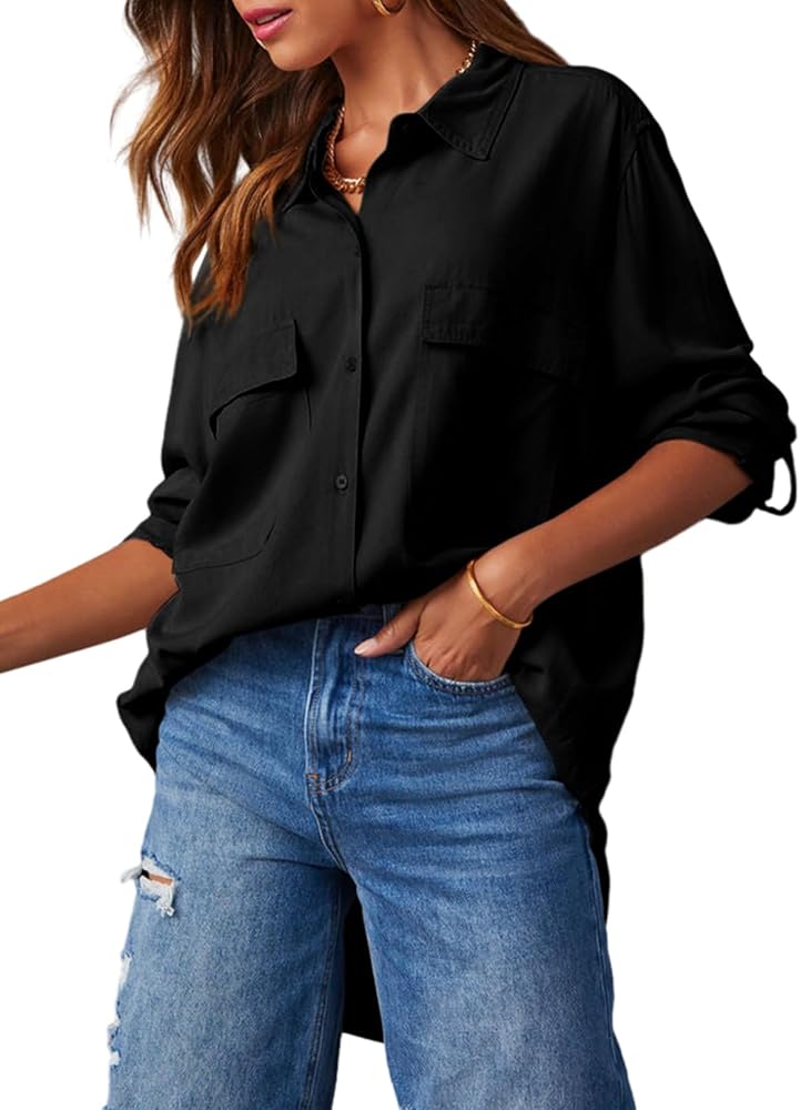 Dokotoo Womens Button Down V Neck Long Sleeve Shirts Boyfriend Oversized Casual Solid Blouses Tops with Pockets