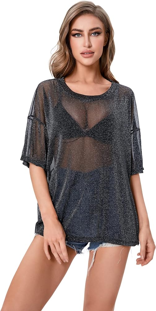 WDIRARA Women's Glitter Sheer See Through Short Sleeve Mesh Top Tee Blouse