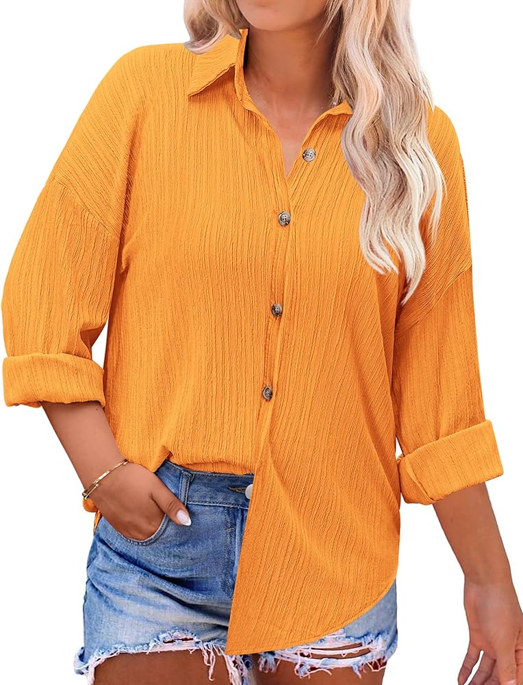 IN'VOLAND Womens Plus Size Button Down Shirt Casual Long Sleeve V Neck Collared Work Blouses Summer Wrinkled Tops