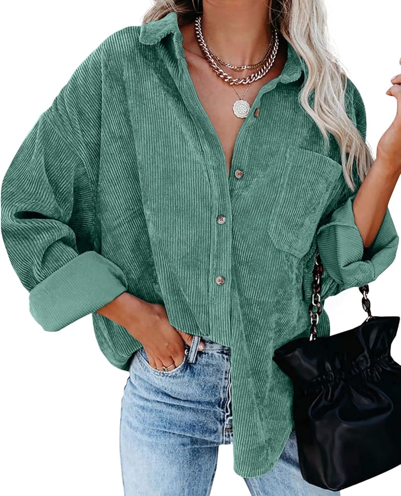 QIXING Womens 2024 Corduroy Button Down Shirt Casual Oversized Long Sleeve Blouses Tops