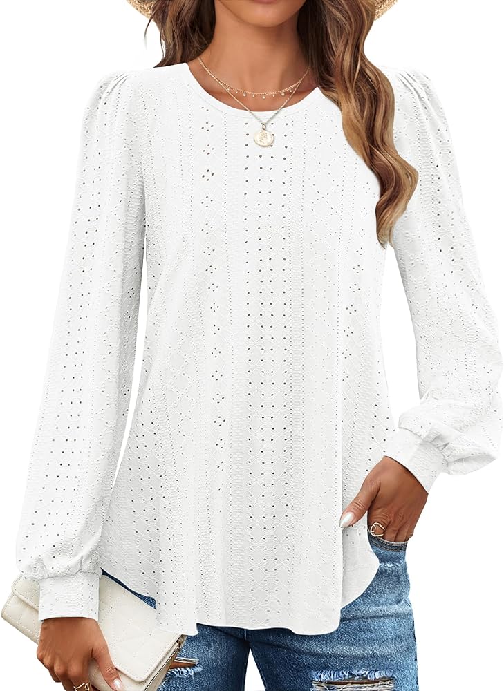 ZESICA Long Sleeve Eyelet Tops for Womens Crew Neck Fall Shirts Casual Loose Blouses 2024 Trendy Clothes