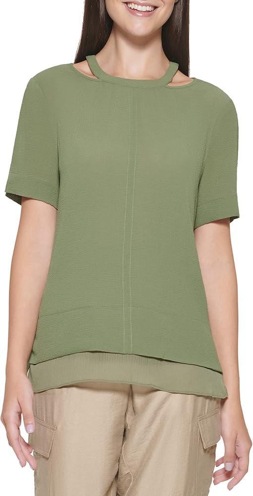 DKNY Women's S/S Cut Out Neck Top W/Chiffon Hem