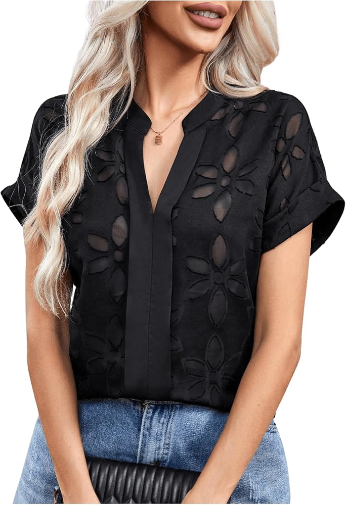 GORGLITTER Women's Floral Eyelet Blouse Sheer Shirts Notch V Neck Short Sleeve See Through Work Top