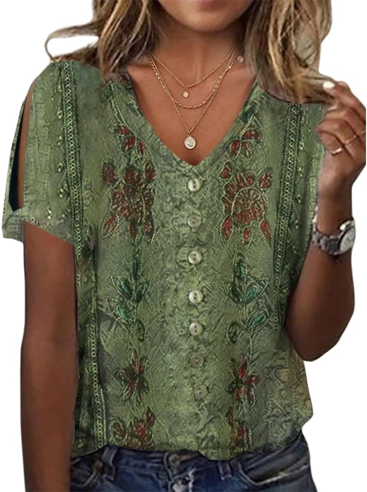 Women's Boho Floral Print Ladies Short Sleeve Tops Summer Blouses Dressy Casual V Neck Cold Shoulder Tunic Tops