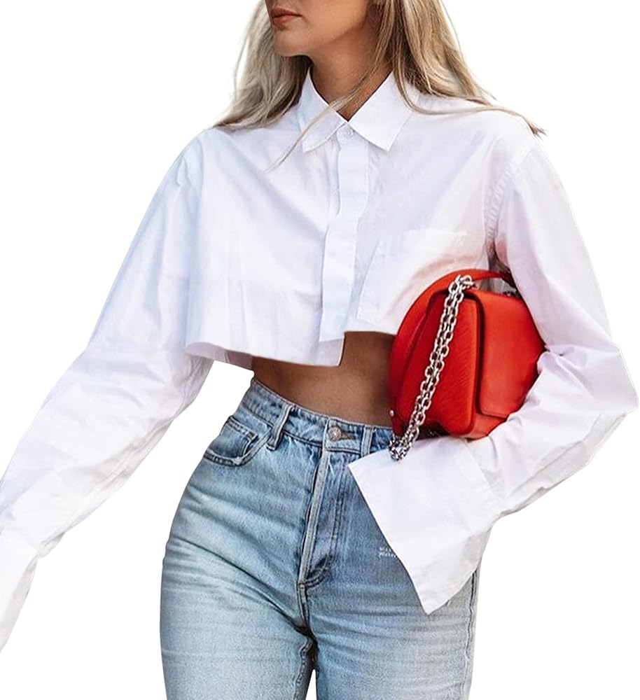 MISSACTIVER Women Solid Long Sleeve Button Up Crop Shirt Turn-Down Collar Irregular Loose Fitting Fashion Cropped Blouse Top