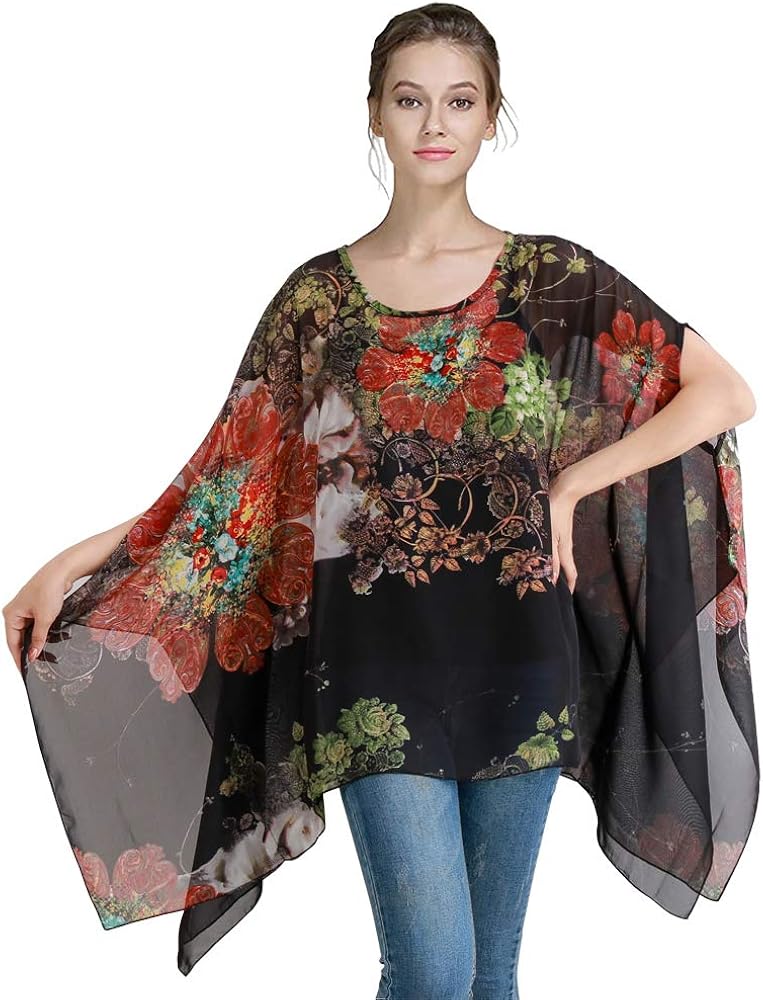 Women's Loose Solid Sheer Chiffon Caftan Poncho Batwing Tunic Top Blouse Summer Oversized Shirts