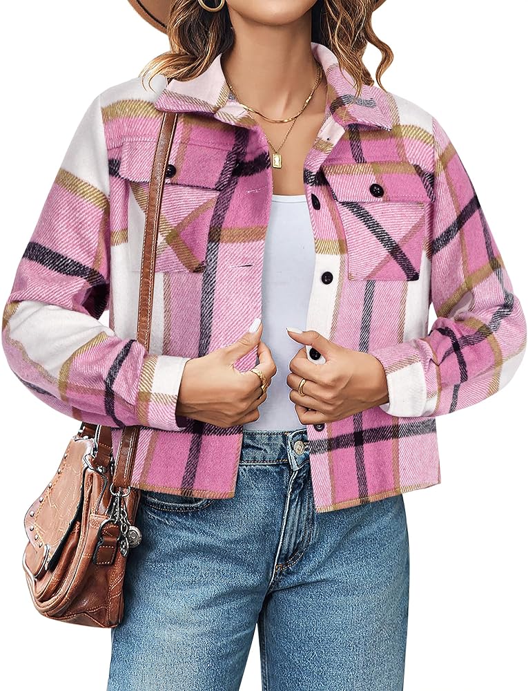 Zeagoo Flannel Shirts for Women Fashion Cropped Plaid Jacket Shacket Button Down 2024 Winter Fall Coats