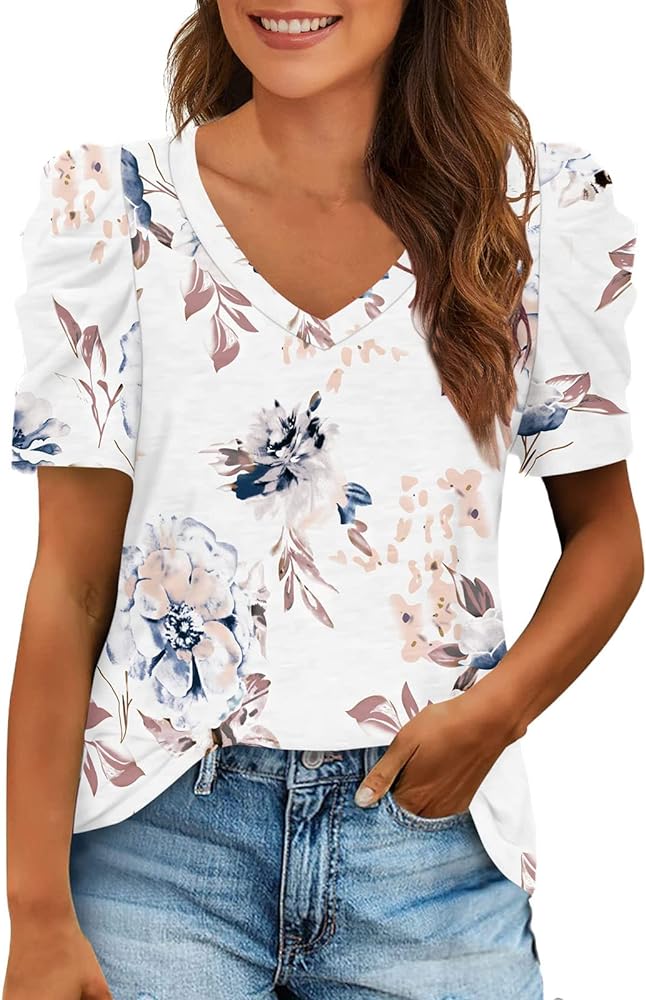 Summer Tops for Women 2024,Womens Summer Tops V Neck Casual Tshirts Puff Sleeve Fashion Basic Tops