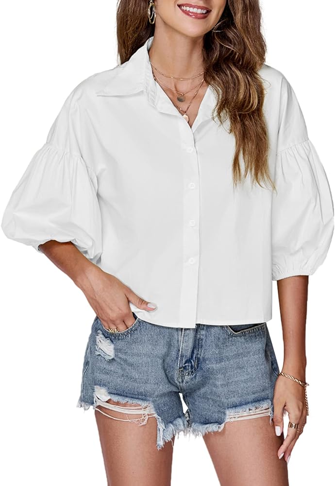 LYANER Women's Collar V Neck Button Down Lantern Short Sleeve Blouse Crop Top Shirt