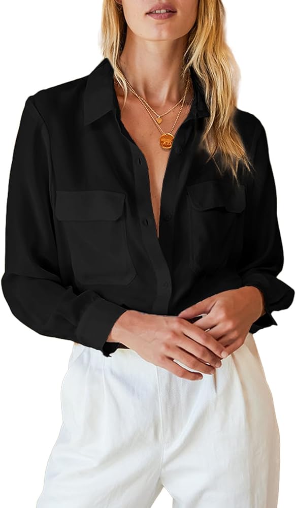 Astylish Womens Long Sleeve Button Down Shirts Front Bust Pockets Causal Collared Shirt Work Office Chiffon Blouse