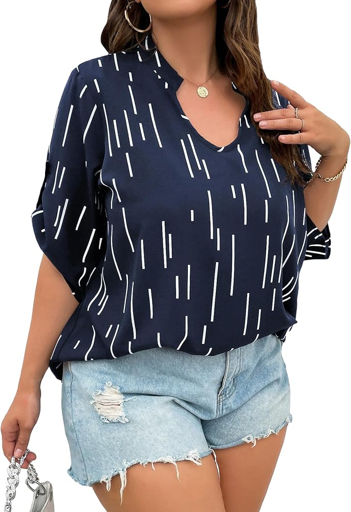 SOLY HUX Women's Plus Size Notched Neck Roll Up Half Sleeve Striped Blouse Tops