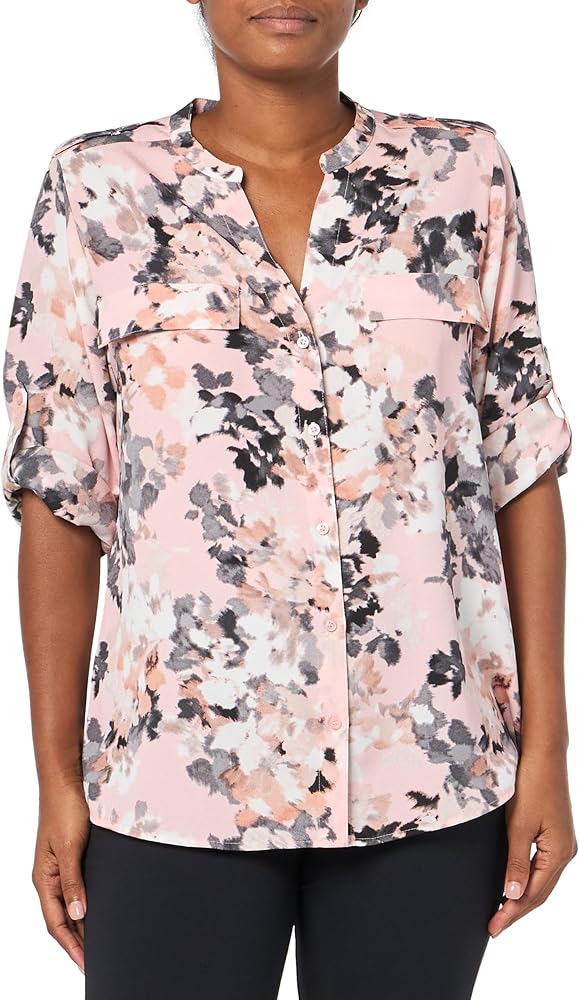 Calvin Klein Women's Printed Roll Tab Sleeve Blouse