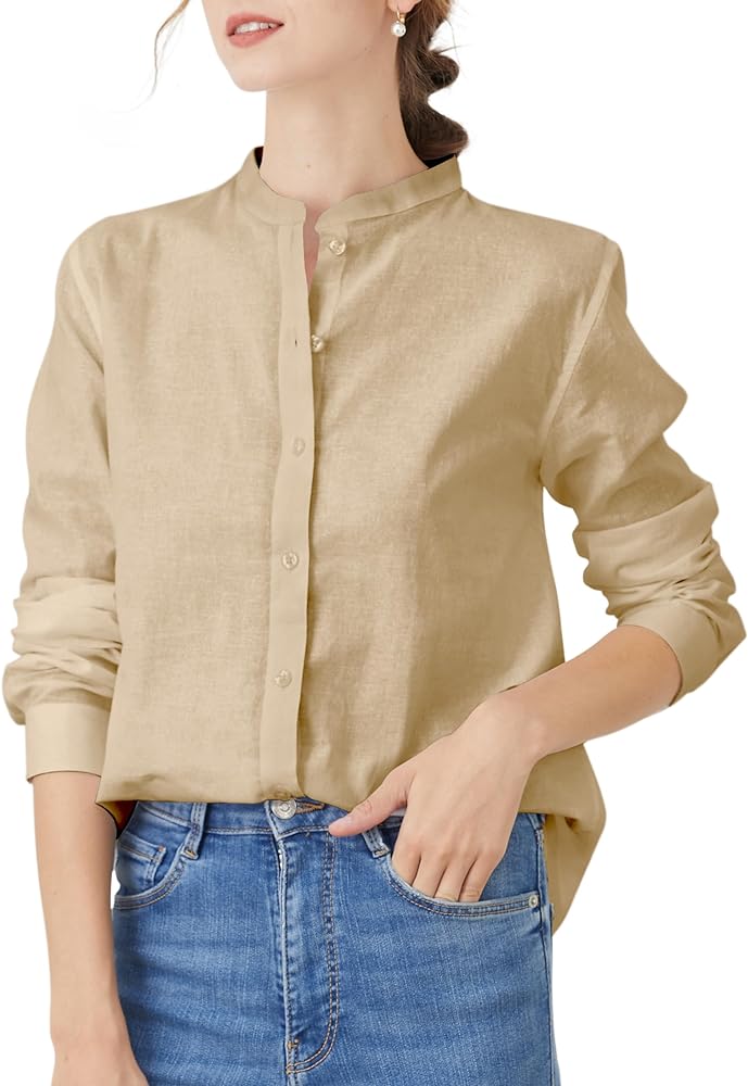 Women's Mandarin Collar Button-Down Shirts Casual Cotton Long Sleeve Blouses