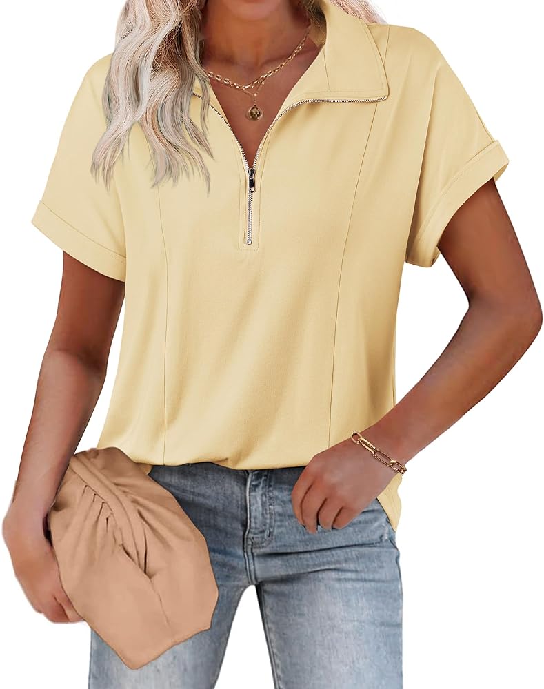 Gaharu Womens Business Casual Blouse Short Sleeve Zipper Polo Shirts Work Tops